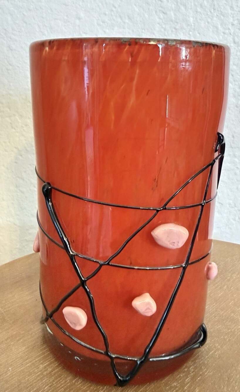Vintage Czech Tango Art Glass Vase Orange Red Mottled Black Applied Glass Trail